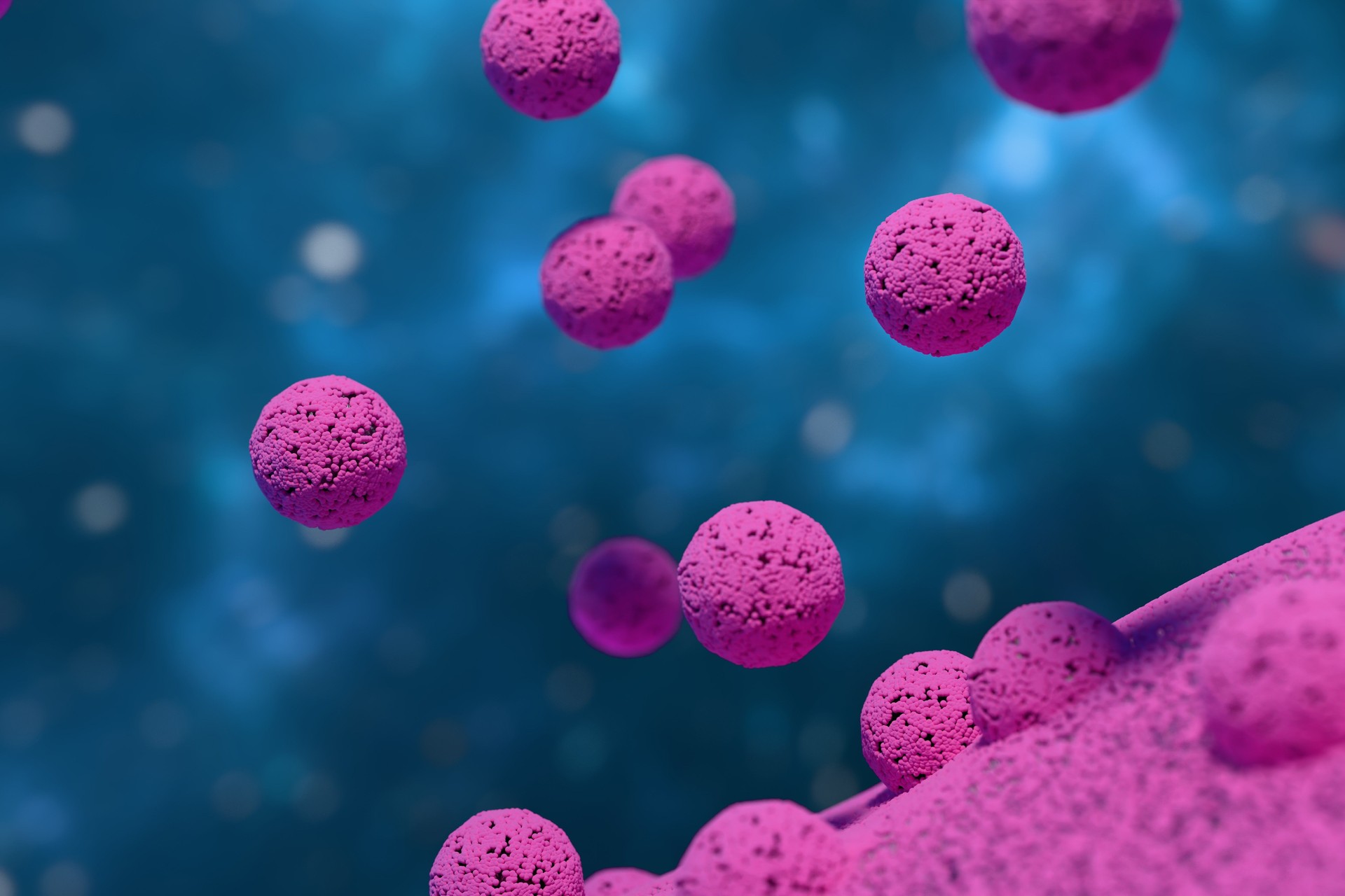 Exosomes popping out of the plasma membrane. (metalic pink)